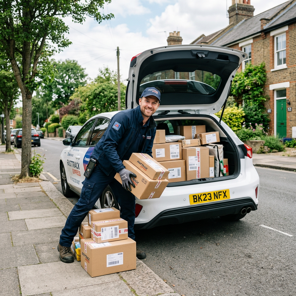 Courier carrying packages from the back of a delivery car filled with parcels