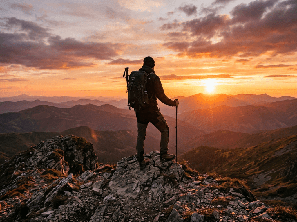 Hiker with backpack and walking stick standing on rocks at sunset overlooking mountain range
