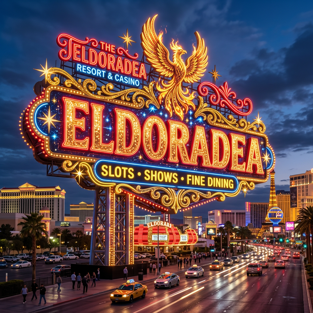 Eldoradea Resort & Casino neon sign with a golden phoenix and text promoting slots, shows, and fine dining