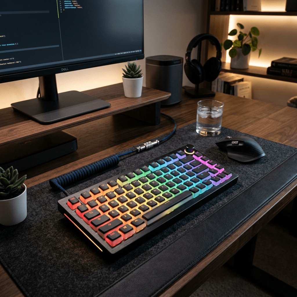 Mechanical keyboard with RGB lighting on desk near monitor, mouse, and glass of water